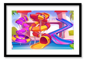 Water slide with pool in summer aqua park vector background. Waterpark for swimming and amusement with inflatable activity on resort playground. Outdoor aquatic holiday with screw pipeline or lifebuoy