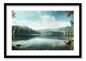 European forest lake with a picturesque landscape as seen in the copy space image