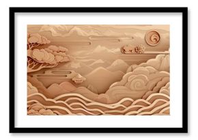 Oriental traditional poster design with hand-drawn wave and cloud elements. Modern Japanese background. Asian icons and symbols. Abstract pattern and template. Geometric element with hand-drawn wave