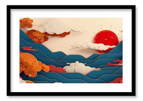 Modern Japanese background. Asian icons and symbols. Oriental traditional poster design. Abstract pattern and template with wave and cloud elements.