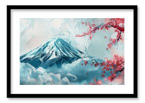 Decorative Japanese background with red and blue watercolor textures. Fuji mountain, Cherry blossom flower, bonsai, Chinese clouds and icon design.