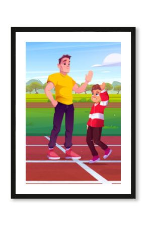 Happy father and son high five vector background. Adult dad care gesture kid on outdoor sport area. Family together bonding illustration on stadium. Give congratulations for run athlete and joy