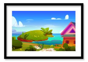 Cute wooden house on shore of sea or lake. Little cottage made from wood on beach of ocean or river with green grass, island and rock mountains. Cartoon vector sunny summer landscape with hut.