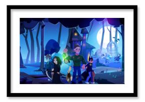 People character on Halloween at graveyard cartoon background. Night spooky cemetery with kids in costume and man horror illustration. Scary tombstone landscape and wizard house on hill at nighttime