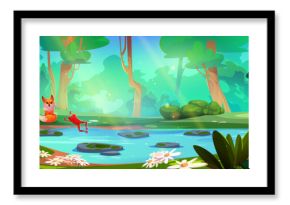 Jungle forest with river water nature background. Rainforest lake vector scene with green grass and tropical animal. Sunny ecosystem environment with frog and fox. Panoramic wild flora fantasy game