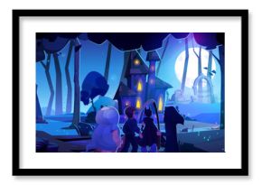Children in Halloween costumes on night cemetery. Vector cartoon illustration of spooky graveyard with stone tombs, spooky haunted house, kids in scary clothes playing trick or treat, full moon in sky