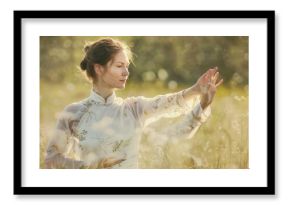 A woman in white practices Tai Chi in a serene field under a clear blue sky, exuding peace and tranquility AIG58