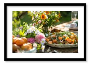 An enticing addition to the classic midsummer solstice spread is the Scandinavian salmon salad adorning the outdoor buffet table alongside a vibrant bouquet of summer flowers This delectabl