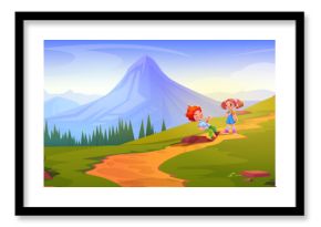 Boy falling and girl help on mountain path cartoon illustration. Cute kindergarten friend together in beautiful summer environment scene. Green road with stone and peak range panorama with people