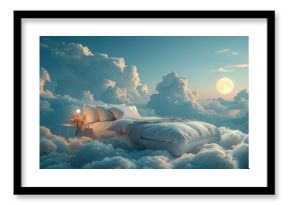 Bed Floating Above Fluffy Clouds With a Full Moon and Night Sky