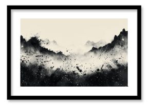 Black Ink Mountain Range Landscape With Misty Fog