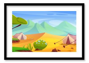Camp tents on sand surface of African savannah desert. Cartoon vector summer safari tourism in hot drought Africa landscape with campsite, acacia trees and green bushes with flowers, mountains.