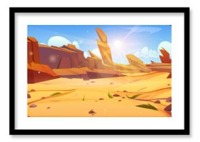 Desert dry landscape with hot sand, rocky cliff mountains and sun on blue sky. Cartoon vector illustration of stone canyon formation in western wilderness scenery. Empty drought sandy valley.