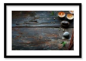 A serene background featuring joss sticks, candlelight, stones, fresh leaves on wood, ideal for meditation, yoga, and well-being activities with copy space image available.