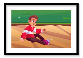 Kid boy explorer watching on ant insect vector. Grass in public park and sand summer landscape. Sunny day game environment for alone surprised casual child sitting in sandbox cartoon illustration