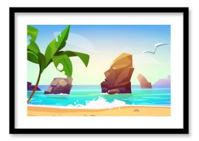 Summer sea or ocean beach landscape with blue water in tropical lagoon, green palm trees and sand on shore, rock mountains and seagull in blue sky on sunny day. Cartoon vector coastline scenery.