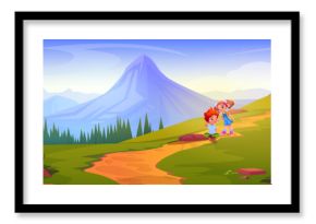 Boy feel pain after fall and girl help in mountain cartoon illustration. Children walk together on path with beautiful nature and green grass. Brother and sister friendship drawing panorama scene