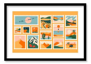 Set of retro nature landscape post card stamp. Vintage style natural environment scenery postage sticker collection, travel destination mail, beautiful tourism scenery. Includes mountain, beach view. 