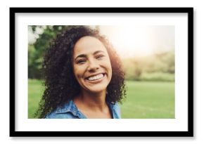 Woman, portrait and outdoor park of excited person happy about nature, travel and freedom. Face, smile and laughing on vacation with New York, countryside and garden relaxing for summer and health