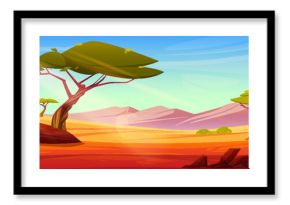 African savannah desert landscape with sand surface and stones, acacia green trees and rock mountains, blue sky on sunny summer day. Cartoon vector illustration of dry wilderness plain scenery.
