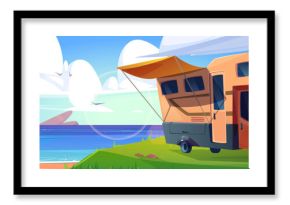 Camper van on sea or lake beach with sand and green grass shore, calm water and stones. Cartoon vector motorhome at sunny summer day. Ocean landscape with caravan trailer during vacation travel.