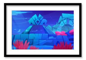 Underwater sunken lost city with stone temple and architecture on sea bottom with corals and algae. Cartoon vector undersea landscape with fantasy Atlantis ruins. Ancient legend civilization building.