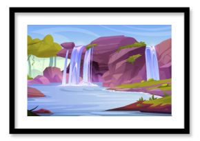 Jungle landscape with rocky cliff mountains and waterfall. Cartoon vector rainforest scenery with falling water in river stream, green trees and bushes, blue sunny sky. Tropical natural scene.