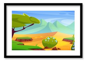African desert landscape with sand and rock mountains, trees and bushes. Cartoon vector illustration of summer wilderness Africa savannah scenery with acacia woods and greenery for safari tourism.