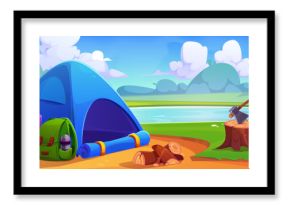 Lakeside tourist camp against summer landscape. Vector cartoon illustration of tent on green glade near water, axe, bag with paper map, beautiful scenery with river, green plants and sunny blue sky