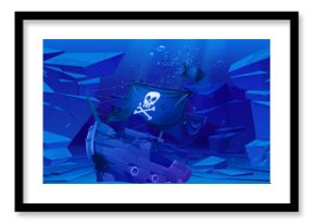 Wrecked pirate ship on rocky sea bottom. Vector cartoon illustration of sunken ancient vessel with broken wooden board, torn black sail with jolly roger sign, dark blue water with fish and bubbles