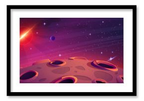 Moon surface against space background. Vector cartoon illustration of alien landscape with craters, planet globes, stars shimmering in dark sky, asteroid light flash in darkness, mysterious galaxy