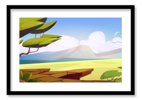 African savannah landscape with green grassland, trees and bushes, rock mountains and blue sunny sky with clouds. Cartoon vector illustration of Africa desert nature scenery for safari tourism.