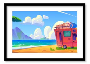 Trailer parked on summer beach. Vector cartoon illustration of seaside camp on sandy coast with green grass, tropical palm trees, mountains on horizon, baggage on top of van, sunny sky, holiday travel