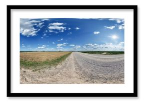 hdri 360 panorama of blue sky with awesome clouds on roadside of gravel road among fields in equirectangular full seamless spherical projection, for VR AR content or skydome replacement