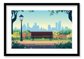 City park with bench lantern landscape. Silhouette of the city hight buildings on the background. Flower beds paths sunny day. Nature piece scenery with green trees and shrub. Cartoon style vector