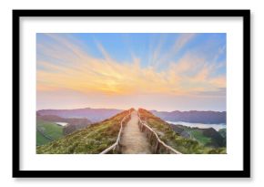 Mountain landscape with hiking trail and view of beautiful lakes, Ponta Delgada, Sao Miguel Island, Azores, Portugal