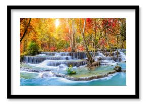 Colorful majestic waterfall in national park forest during autumn, panorama - Image