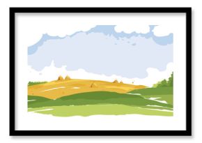 Streszczenie wiejski krajobraz. Akwarela ilustracja, pola pszenicy i łąki