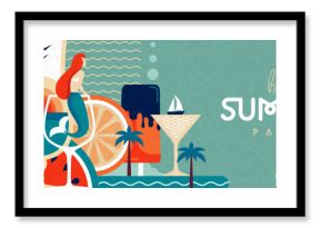 Hello Summer flat poster or banner with mermaid, cocktails, flamingo, tropic fruits and palm trees. Vector illustration