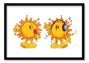 Retro sun mascots set isolated on white background. Vector cartoon illustration of groovy yellow characters wearing sunglasses, eating ice cream, listening music, drinking cocktail, cute y2k emoji