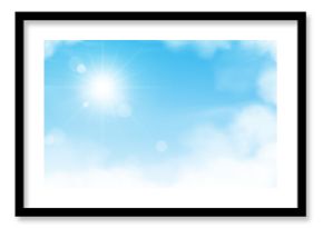 Sky with bright light from sun and white clouds on clear blue sky in sunny day summer,Vector cartoon horizon beautiful white bright sunlight in morning Spring.Nature background abstract cloud shapes