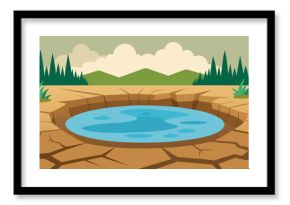 The cracked mud at the bottom of the farmyard pond showed the severity of the water crisis and the desperate need for rain.. Vector illustration