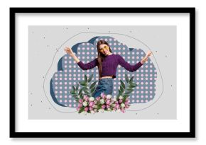 Exclusive artwork banner creative collage of happy girl dance spring party tulips bouquet flower bloom spring summer walk park