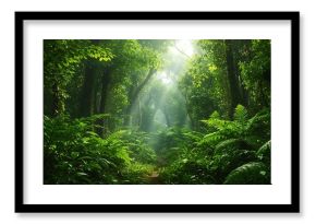 Luminous Jungle Path: Serene Green Canopy and Sunlit Trail