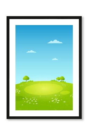 Cartoon landscape with green grassy hill, scattered trees, white flowers and blue sky with clouds representing summer nature scene and outdoor environment concept