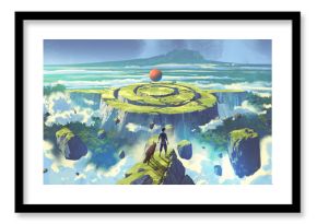 A man and a wolf stand on a cliff overlooking a surreal floating island with a circular path and a glowing orb in the distance, digital art style, illustration painting