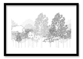 Architectural Drawings, Minimal style cad tree line drawing, Side view, set of section wetland forest outline for landscape design drawing. Vector illustration