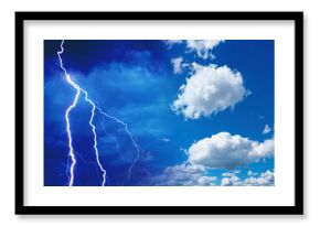 Contrast of cloudy and blue sky. Lightning in heaven. Weather changes. Clear sky with white clouds. Background for weather forecast. Climate backdrop. Concept of forecasting sudden weather changes.