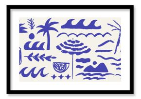 Italian greek style vacation hand drawn vector illustrations in grunge scribble rough doodle sketch style elements. Wave, surf, palm tree vacation in chalk charcoal style. Drawings for poster, placard