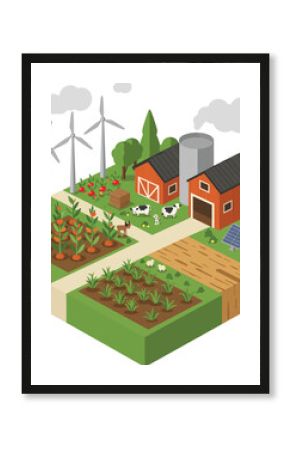 Sustainable farm with wind turbines solar panels and crops illustrating eco friendly agriculture and renewable energy use vector 